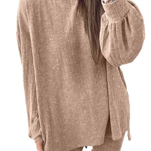 Women's Dark Khaki Ribbed Pullover Top & Biker Shorts Set for Daily Wear