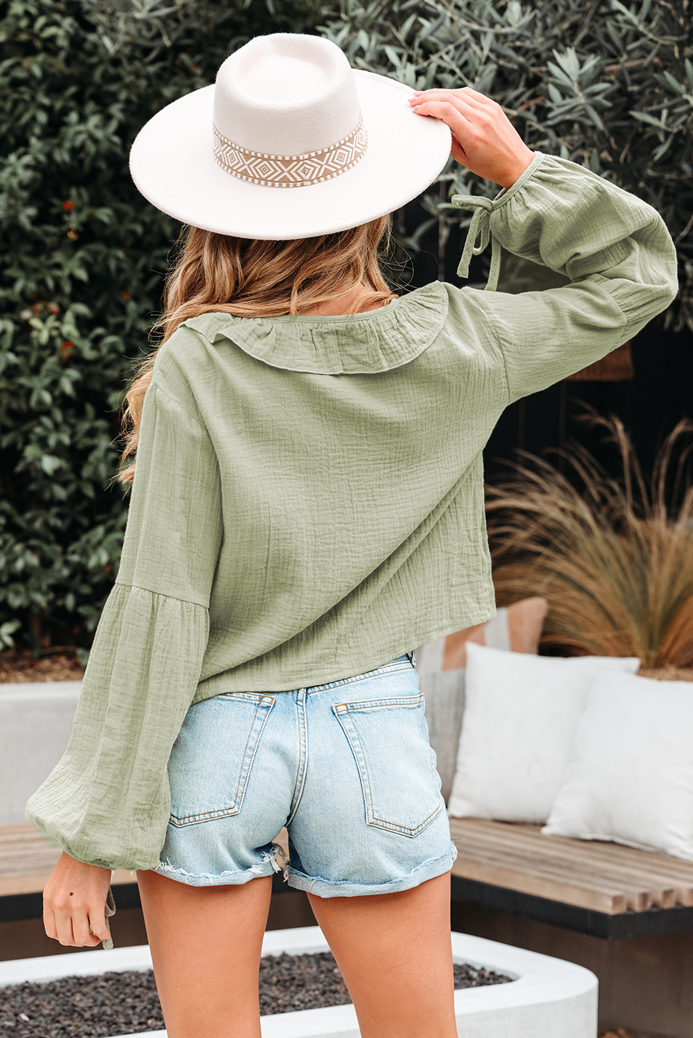 Casual Meadow Mist Green Blouse with Bow Tie and Ruffle Details - Perfect for Daily Wear - Detail View 2
