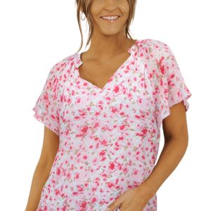 Women's Red Flutter Sleeve V Neck Floral Summer Blouse - Casual Ruffle Top - Main View