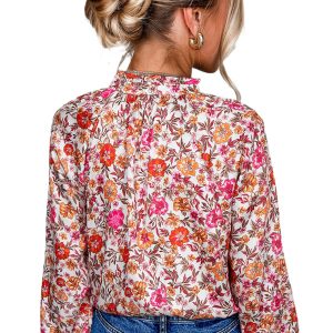 Women's Pink Floral Print Tie Split Neck Bracelet Sleeve Blouse - Casual Spring Top - Main View