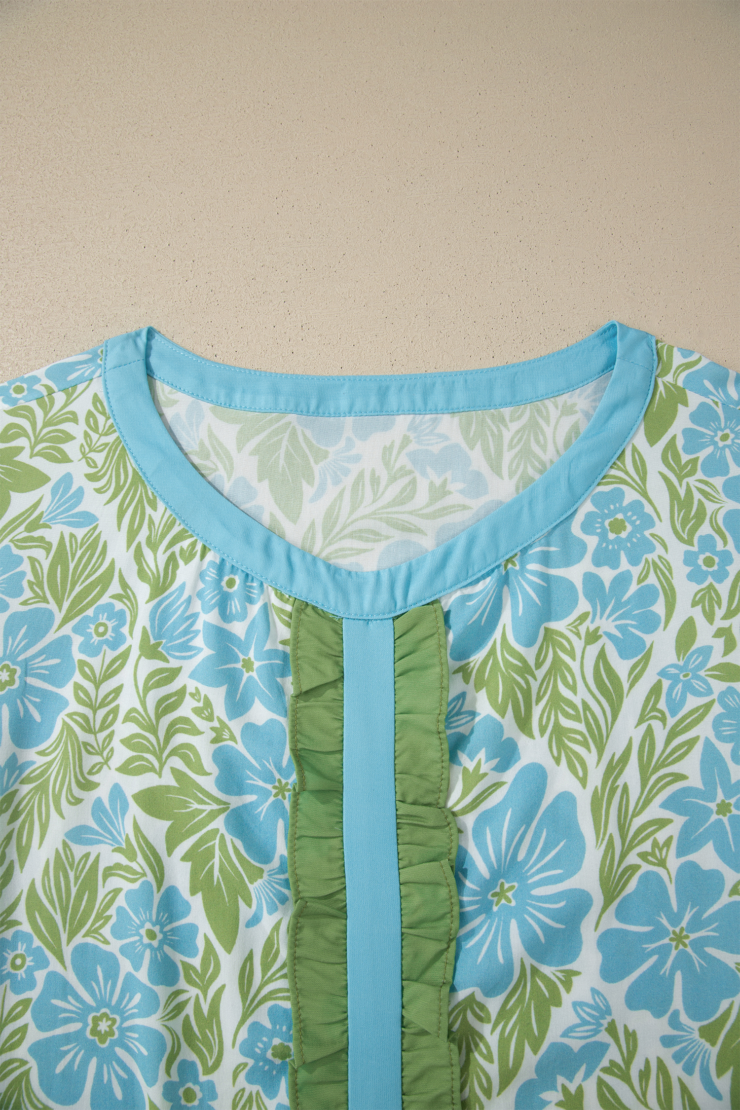 Women's Sky Blue Floral Blouse – Ruffled Half Sleeve Shift Top, Southern Belle Style - Detail View 7