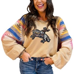Light French Beige Sequined Rodeo Graphic Aztec Bubble Sleeve Western Sweatshirt - Main View