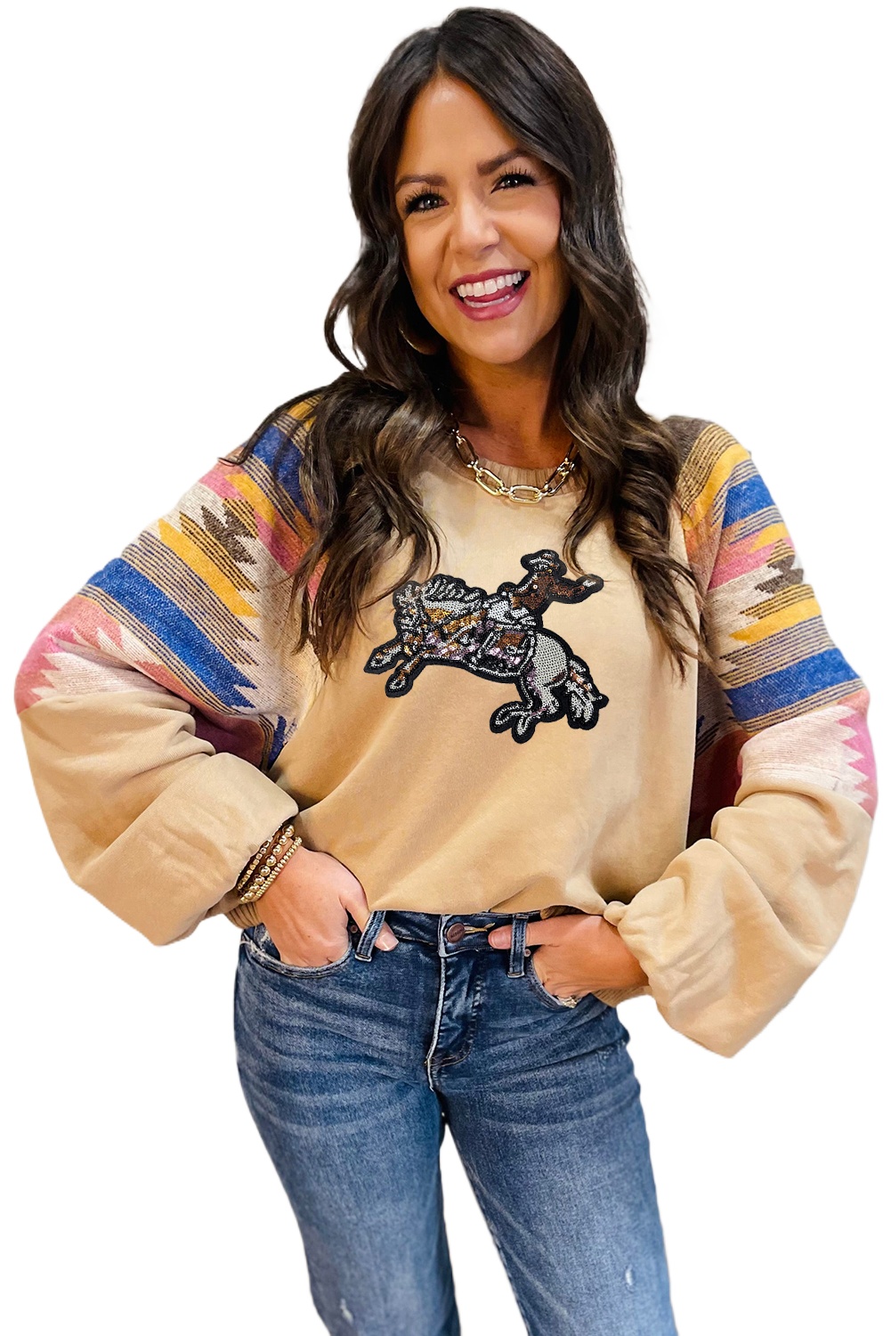 Light French Beige Sequined Rodeo Graphic Aztec Bubble Sleeve Western Sweatshirt - Main View