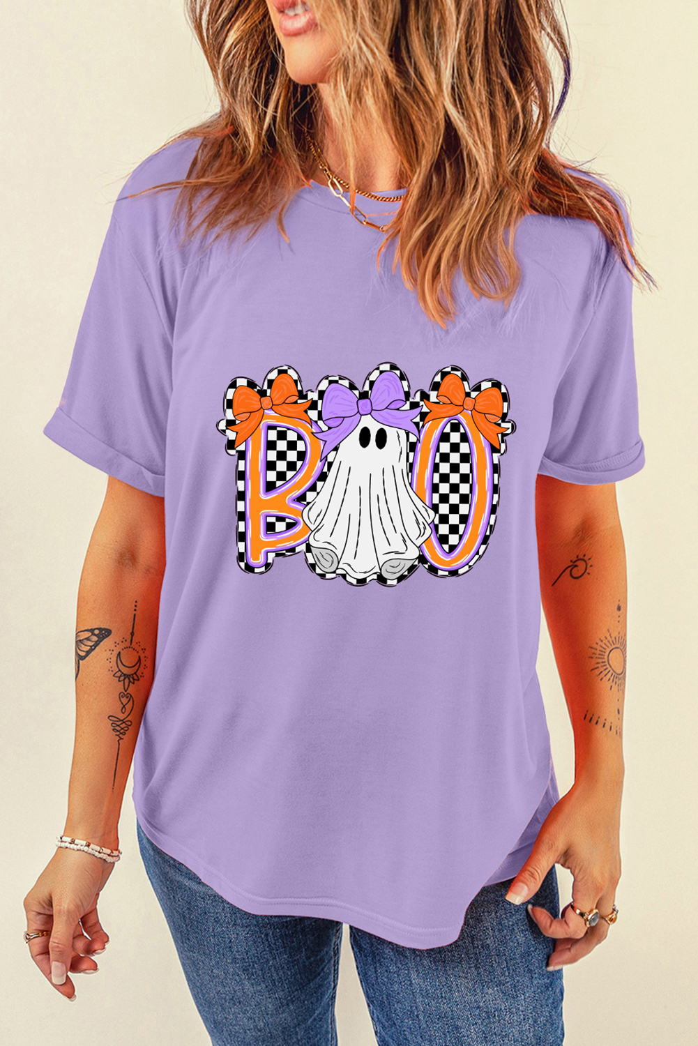 Casual Short Sleeve Wisteria Ghost Print T-Shirt with Checkered Bow Design - Detail View 6