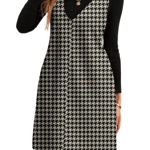 Women's Khaki Houndstooth V-Neck Sleeveless Mini Dress for Office Wear