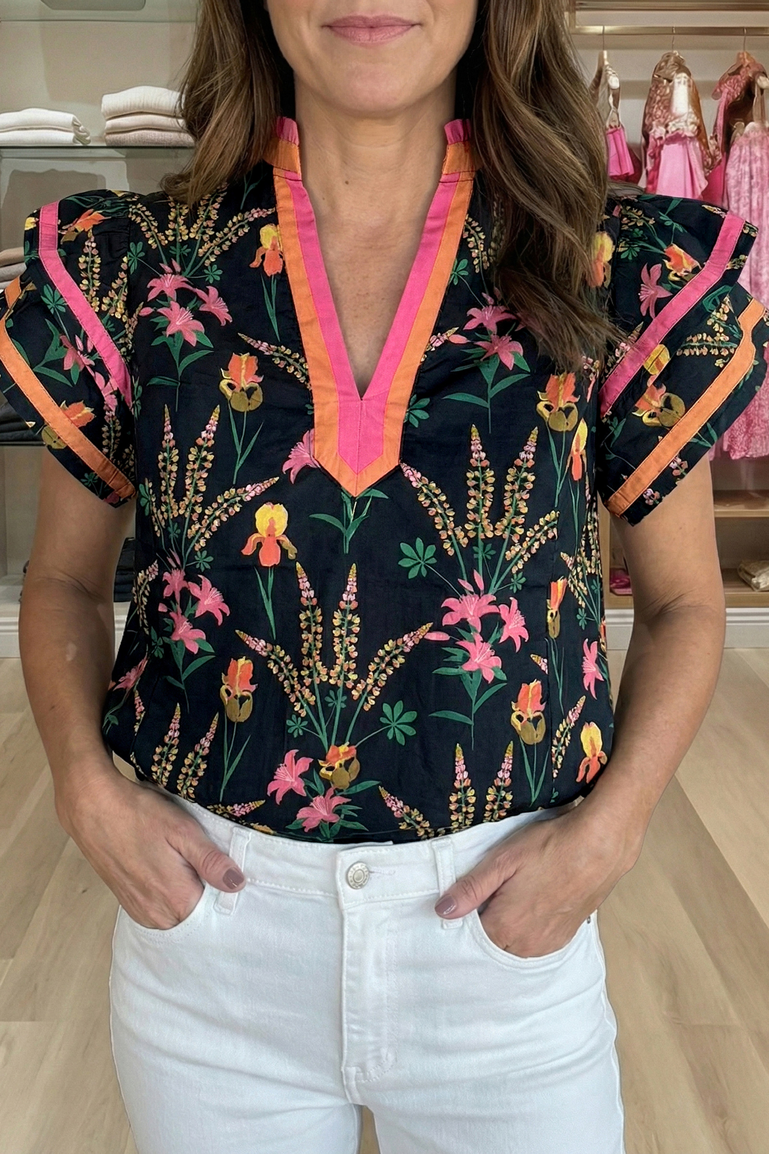 100% Cotton Women's Casual Floral Blouse – Contrast Trim Tiered Sleeve Summer Top for Daily Wear - Detail View 2