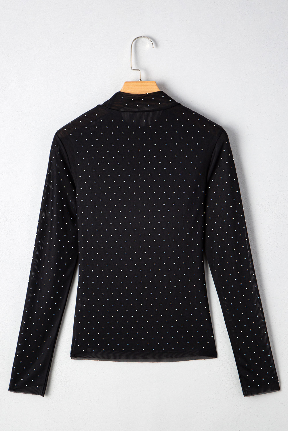 Women's Top, Black Mesh, Rhinestone Embellished, Long Sleeve, Elegant Design, Casual Style, High Collar, Night Out, Special Occasion, Fall Fashion, Sheath Silhouette, Stylish, Glamorous, 95% Polyester, 5% Elastane - Detail View 8