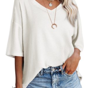 Women's White Waffle Texture Ribbed V Neck Drop Shoulder Loose Tee - Perfect for Summer - Main View