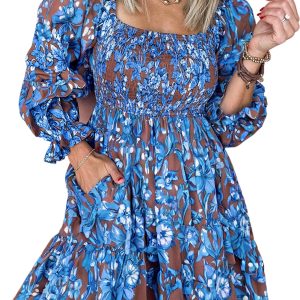 Elegant Blue Floral Dress with Smocked Bodice and Ruffled Sleeves for Women - Main View