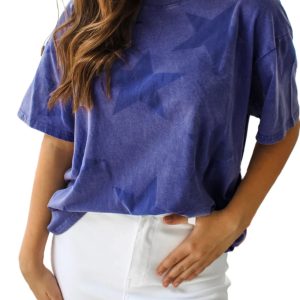 Women's Star Print T-Shirt – Blue Mineral Wash Short Sleeve Casual Shift Top