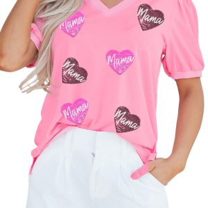 Women's Bonbon Pink V Neck Top – Sequin Heart Graphic Tee, Casual Short Sleeve Shift Shirt