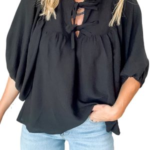 Women's Black Bow Tie Neck 3/4 Sleeve Casual Blouse - Elegant and Versatile - Main View