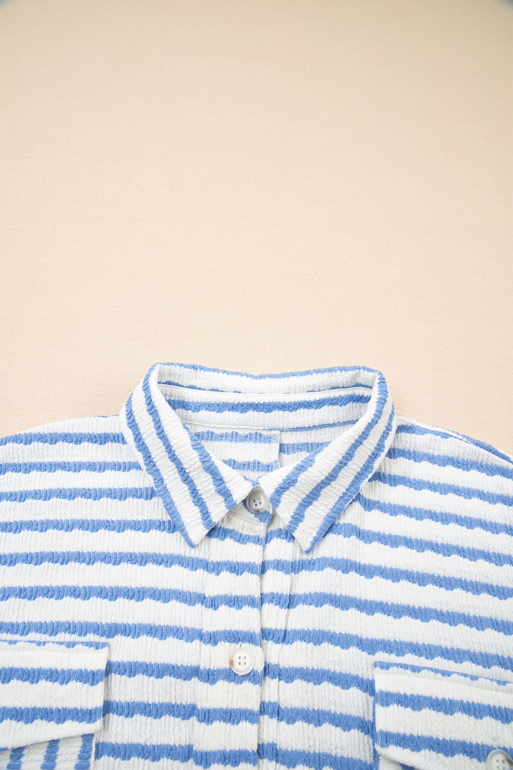 Casual Loose Fit Long Sleeve Blouse - Sky Blue Stripe with Round Neck - Detail View 6