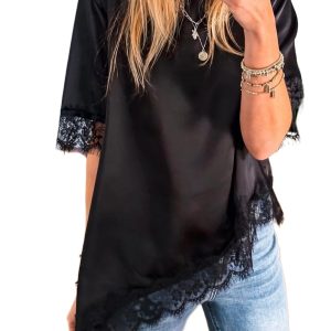 Women's Black Asymmetric Lace Trim Satin Top – Casual Short Sleeve Summer Style - Main View