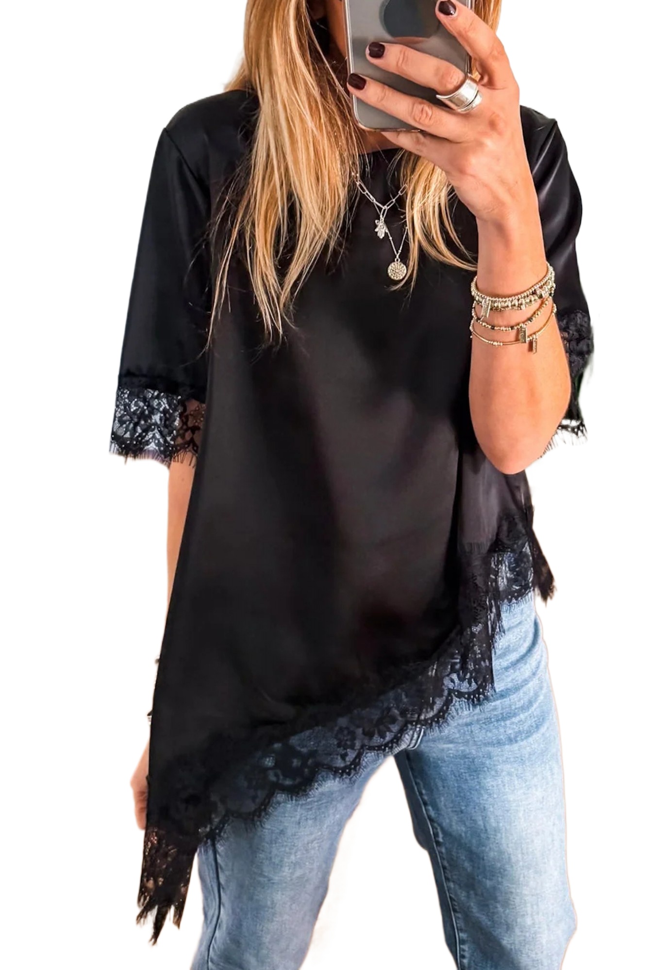 Women's Black Asymmetric Lace Trim Satin Top – Casual Short Sleeve Summer Style - Main View