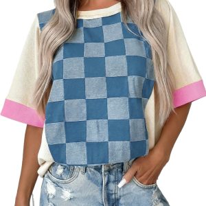 Dusk Blue Checkered Denim Patchwork Top for Women – Casual Short Sleeve Summer Style