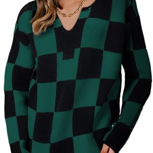 Women's Green Checked Notched Neckline Drop Shoulder Knit Sweater for Casual Fall Style - Main View