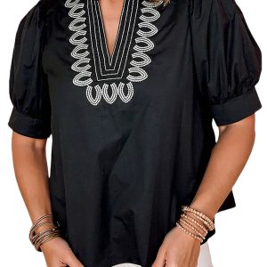 Women's Black Puff Sleeve V Neck Blouse with Embroidered Detail – Casual Summer Style