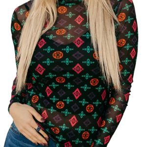 Black Western Aztec Printed Long Sleeve Sheer Mesh Top for Women - Main View