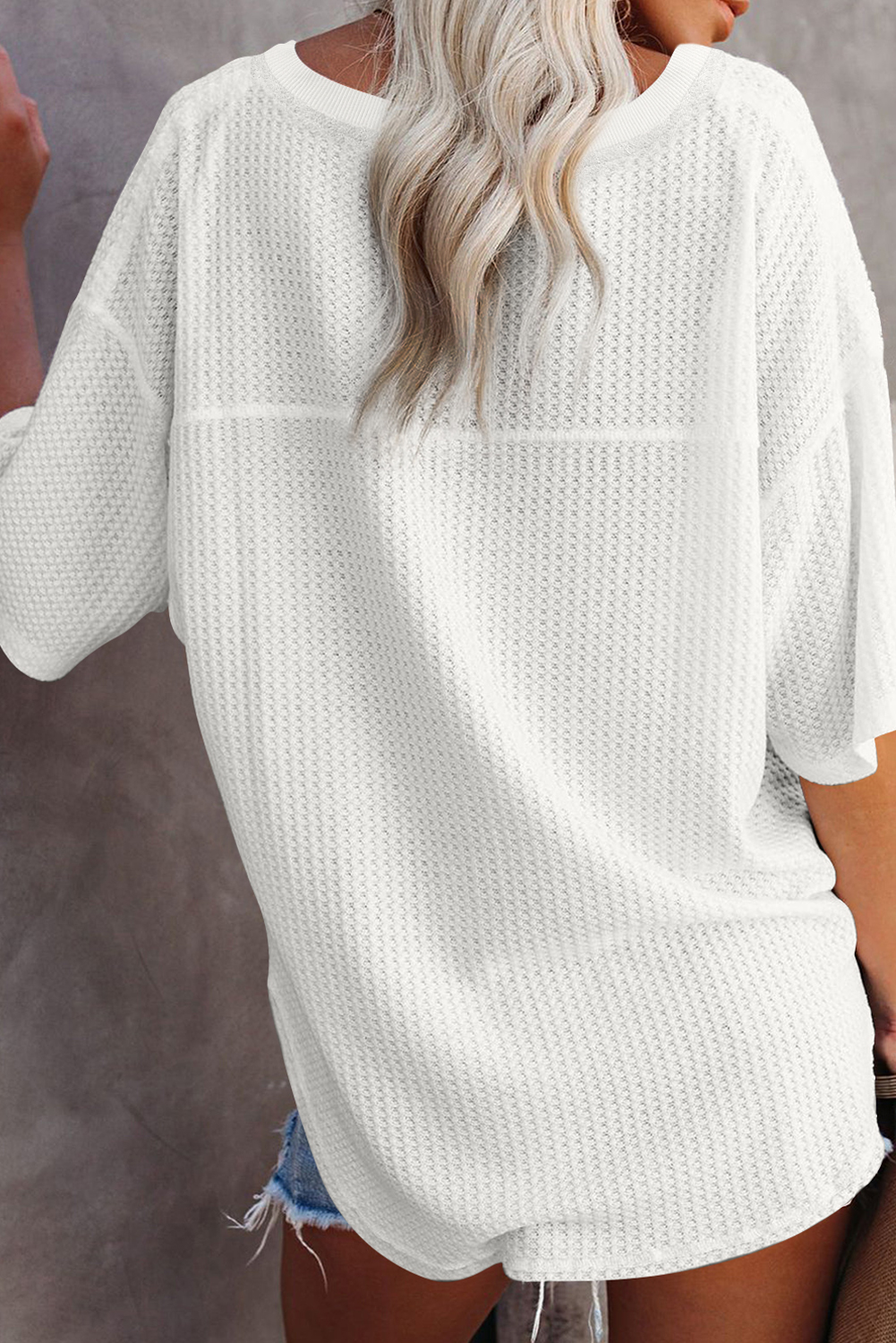 Casual White Waffle Knit Short Sleeve Tee with Round Neck - Ideal for Beach and Vacation - Detail View 2