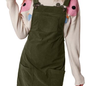 Vineyard Green Sleeveless Corduroy Overall Dress with Front Pockets for Casual Fall Style - Main View