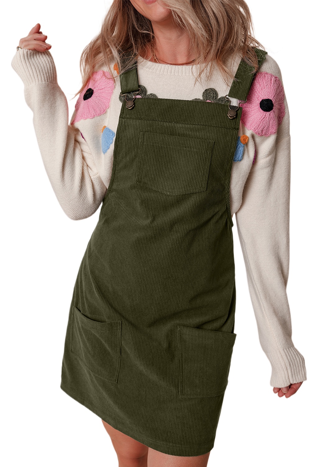 Vineyard Green Sleeveless Corduroy Overall Dress with Front Pockets for Casual Fall Style - Main View