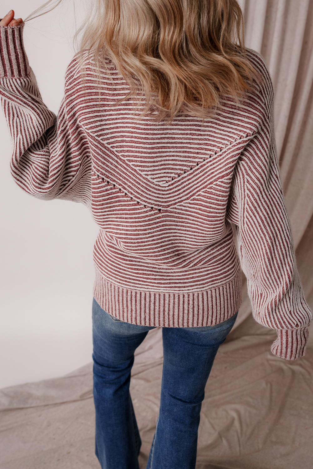 Stylish Long Sleeve Ribbed Sweater in Red Dahlia with Striped Pattern - Detail View 2