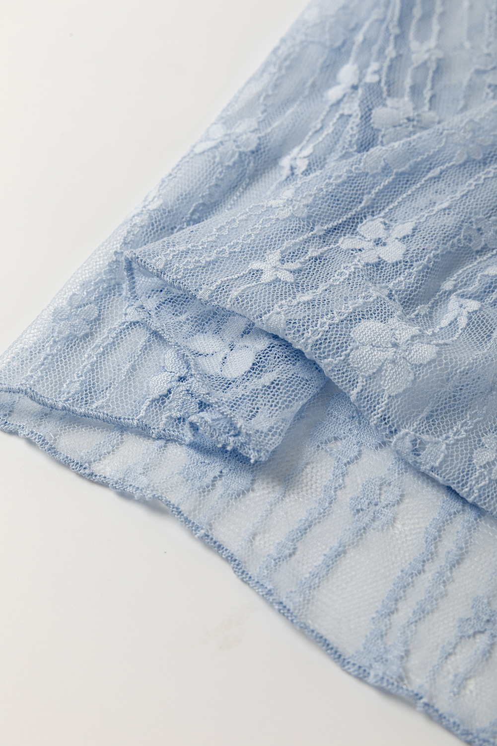 Women's Lace Top, Ashleigh Blue, Sheer Floral Lace, Long Sleeve, Slim Fit, Elegant, Round Neck, Lettuce Hem, Layering Piece, Casual Wear, Daily Fashion, Spring Style, Western Fashion, Beautifully Designed - Detail View 12
