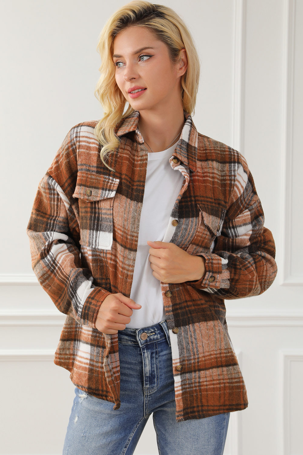 Versatile Brown Plaid Button-Up Shacket - Perfect for Autumn Fashion - Detail View 7
