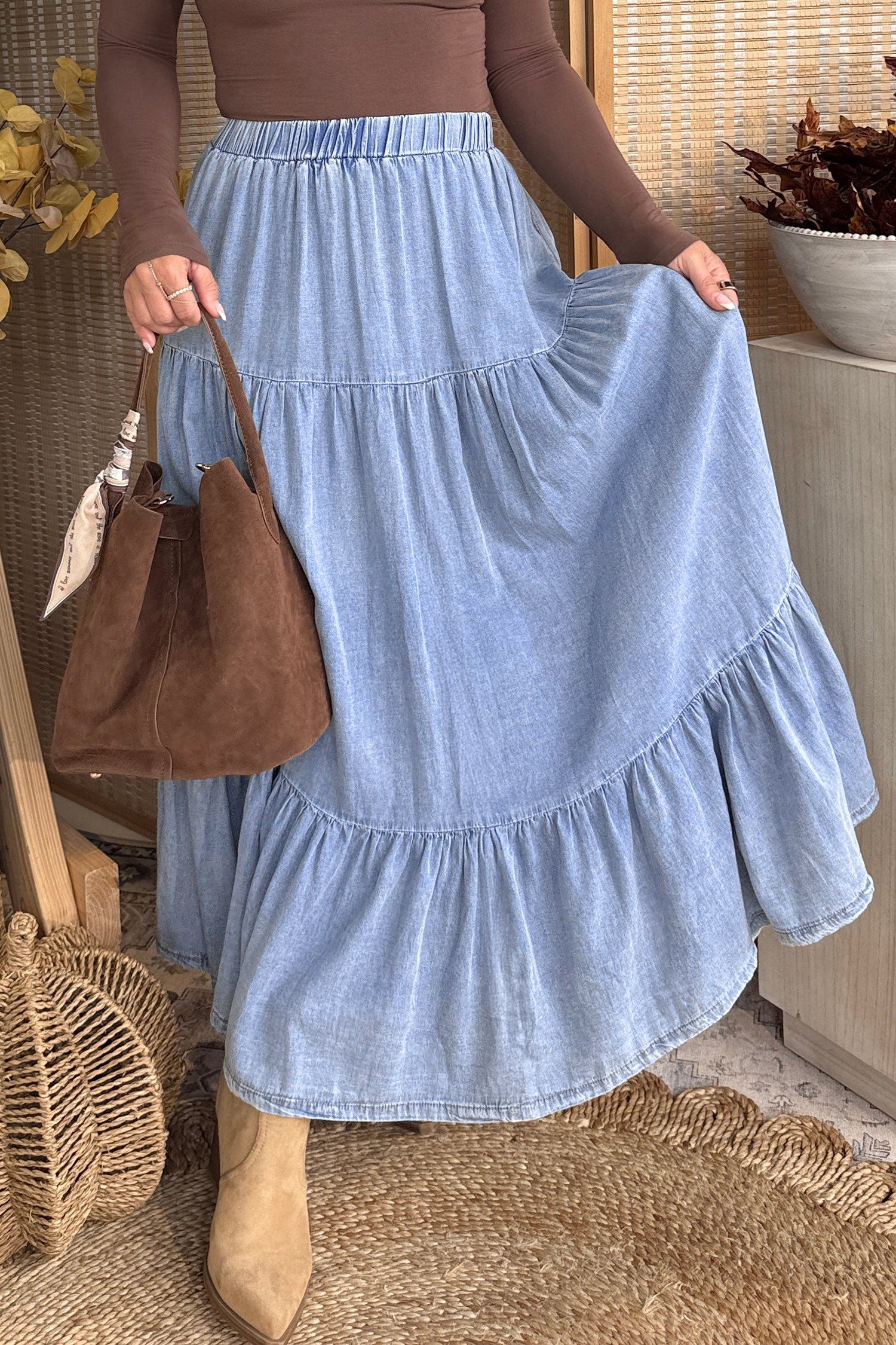 Women's Beau Blue Flared Denim Maxi Skirt – Ruffled Tiered Boho Style for Summer and Vacation - Detail View 3