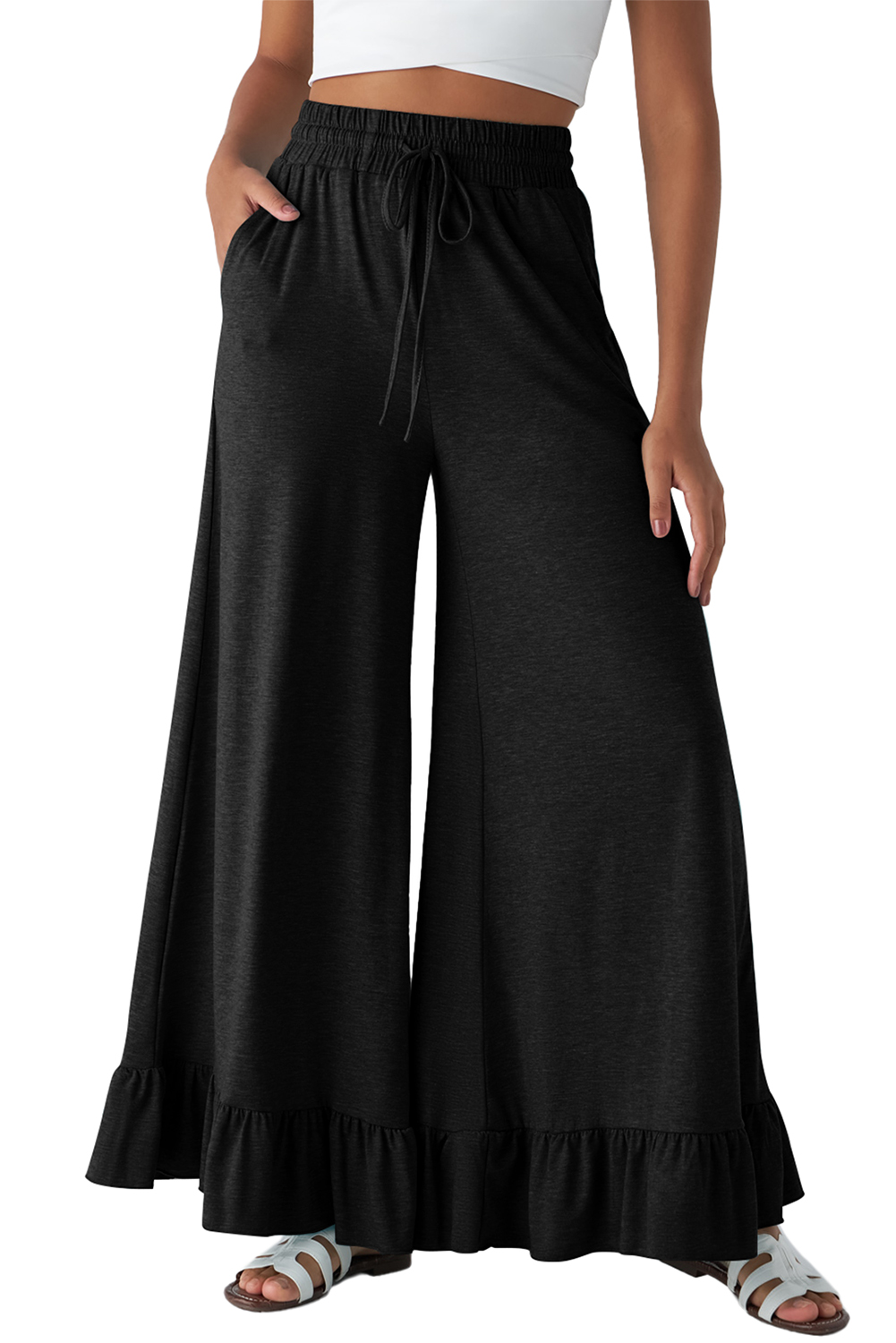 Women's Pants, Black Wide Leg, High Waist, Ruffled Design, Casual Style, Pull-On Trousers, Pockets, Solid Color, Comfortable Fit, Daily Wear, Fall Fashion, Versatile Bottoms - Detail View 16