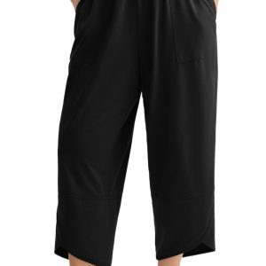 Women's Black Plus Size Loose Capris Pants – Casual High Waist with Asymmetrical Hem