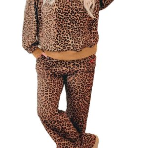 Women's Khaki Leopard Print Pullover and Wide-Leg Pants Set with Bow Embroidery