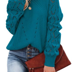 Women's Blue-3 Hollow-Out Puffy Sleeve Knit Sweater for Casual Fall Style - Main View