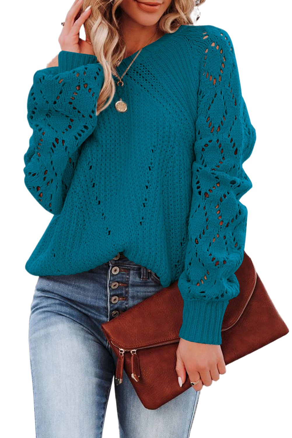 Women's Blue-3 Hollow-Out Puffy Sleeve Knit Sweater for Casual Fall Style - Main View