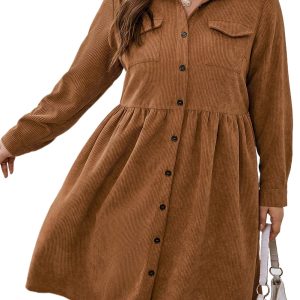 Women's Camel Corduroy Button-Down Collared Shirt Dress – Plus Size Casual Daily Wear - Main View