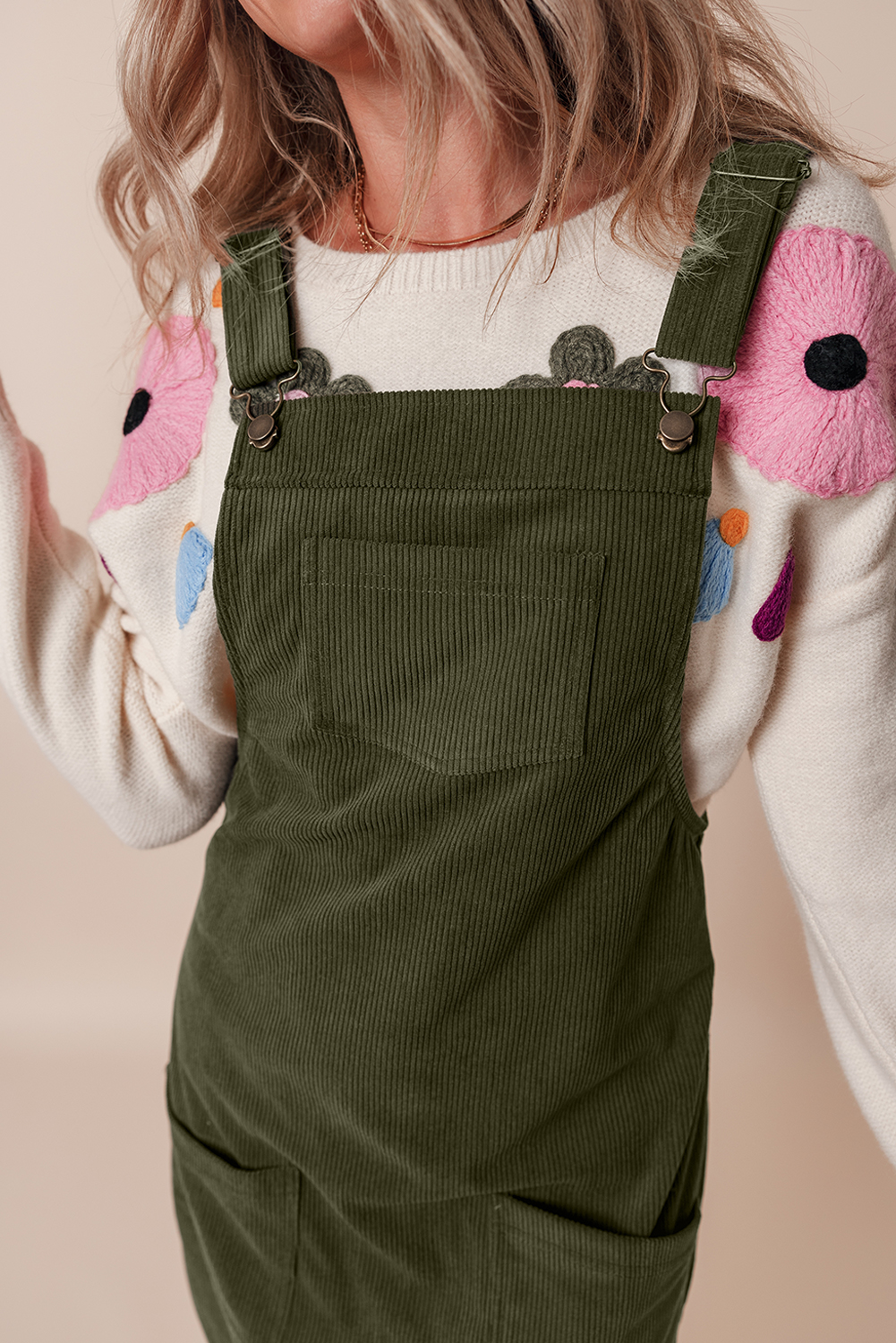 Trendy Mini Corduroy Dress in Vineyard Green - Perfect for Daily Wear - Detail View 6