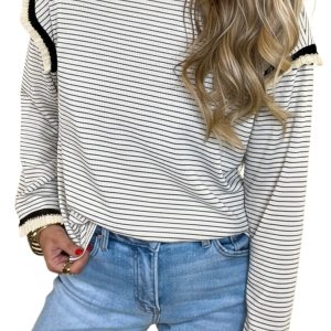 Women's White Striped Ruffle Trim Long Sleeve Top for Daily Wear