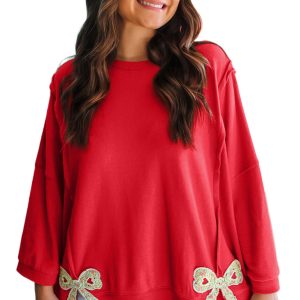 Women's Fiery Red Floral Bow Patched Sweatshirt – Casual Autumn Style with Exposed Seams