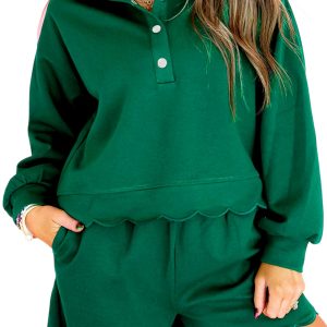 Women's Blackish Green Embroidered Casual Shorts Set – Stylish Half Button Pullover for Daily Wear