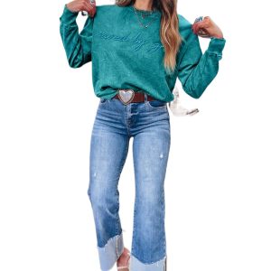 Women's Sea Green Letter Embroidery Sweatshirt – Casual Mineral Wash Long Sleeve Top for Daily Wear - Main View