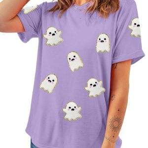 Women's Wisteria Glitter Trim Chenille Ghost Patched Halloween Graphic Tee - Main View