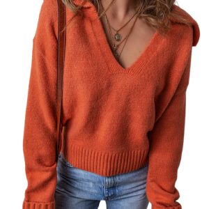 Elegant Flamingo Orange Collared V Neck Ribbed Edge Sweater for Women - Main View