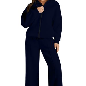 Women's Navy Blue Active 2-Piece Set: Drop Shoulder Jacket and Drawstring Pants