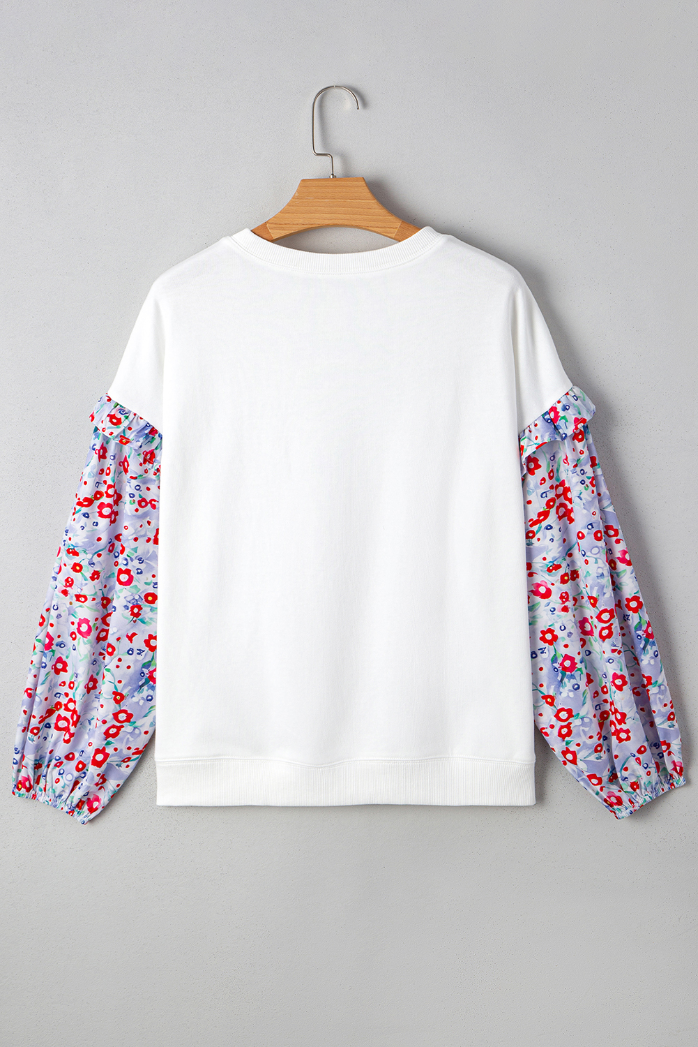 Women's White Floral Ruffled Balloon Sleeve Patchwork Loose Blouse - Detail View 5