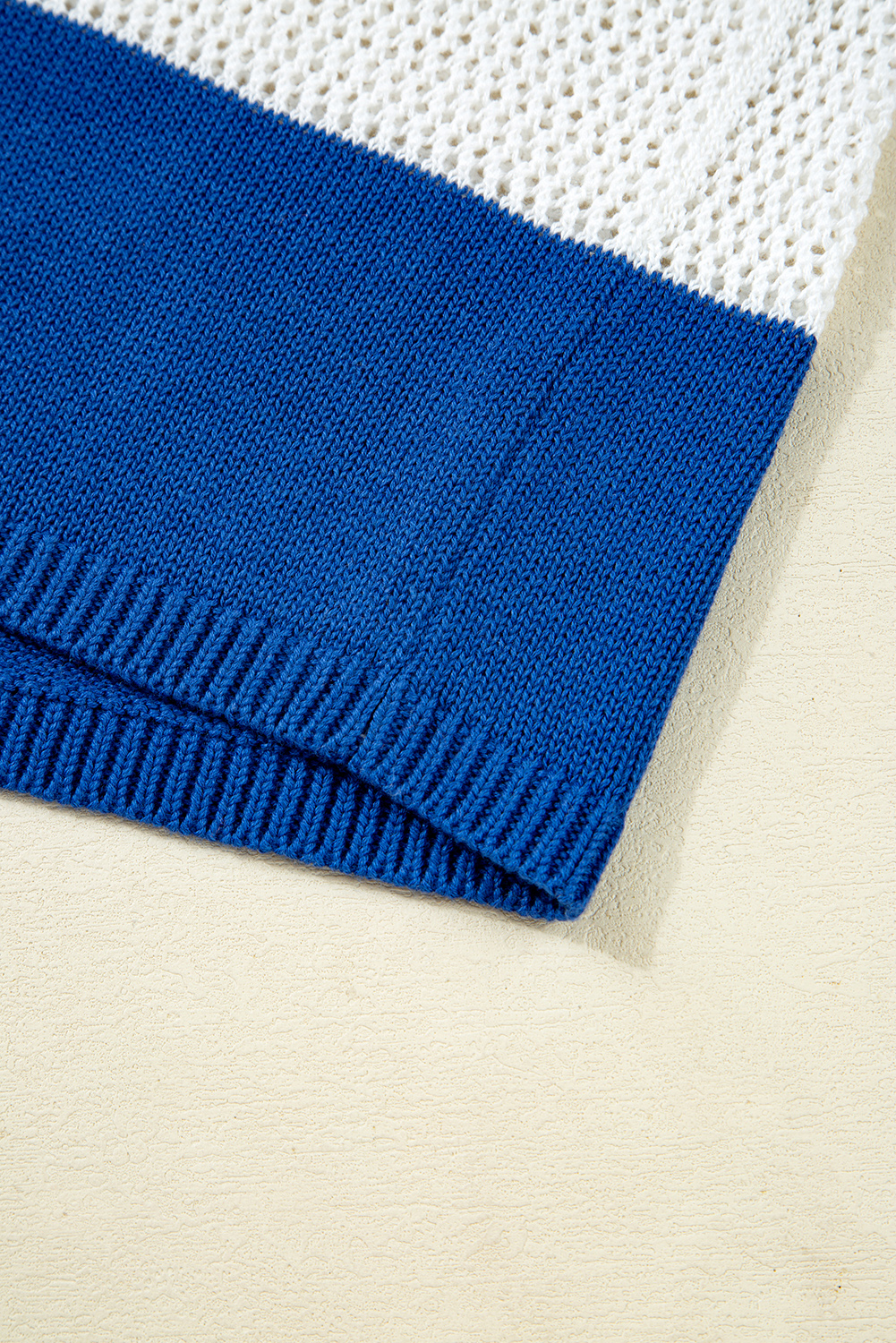 Women's Blue Stripe Colorblock Polo Collar Eyelet Crochet Knitted Sweater - Detail View 17