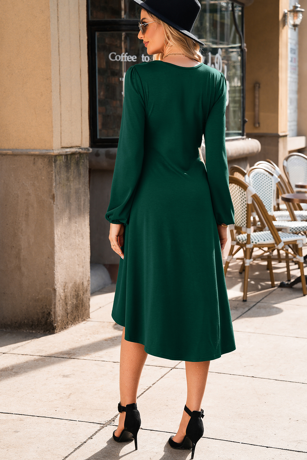 Elegant Blackish Green Solid Color Ruched Detail Long Sleeve Midi Dress - Detail View 9