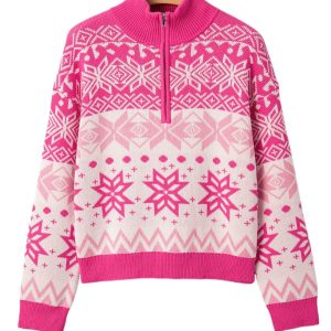 Rose Red Snowflake Quarter Zip Sweater for Women – Festive Casual Style for Christmas - Main View