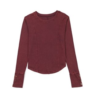 Women's Burgundy Exposed Seam Ribbed Long Sleeve Top – Casual Daily Style for Fall & Autumn - Main View