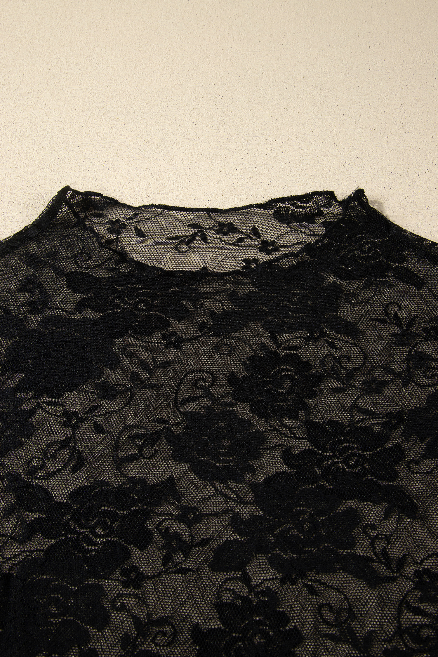 Women's Black Floral Mesh Top – Long Sleeve Stand Neck Lace Shirt, Lightweight Spring Layering Blouse - Detail View 3